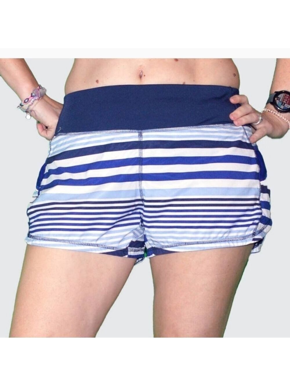 Athleta Running Shorts Blue Stripes Large